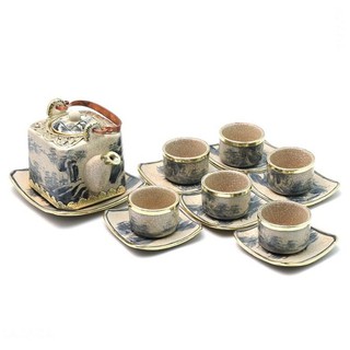 Bộ ấm chén dáng VUÔNG bọc đồng men rạn Bát Tràng CHÍNH HIỆU