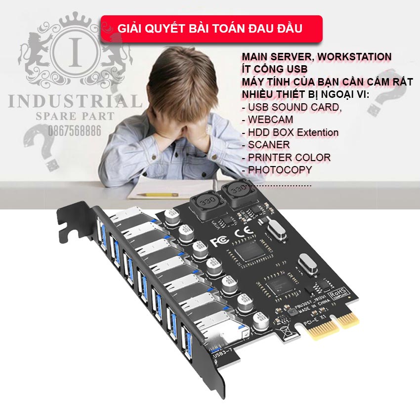 Card chuyển đổi PCI-E sang USB 3.0 (7 cổng). PCI-E to USB cho máy trạm Workstation và máy chủ. Hàng chính hãng nhập khẩu