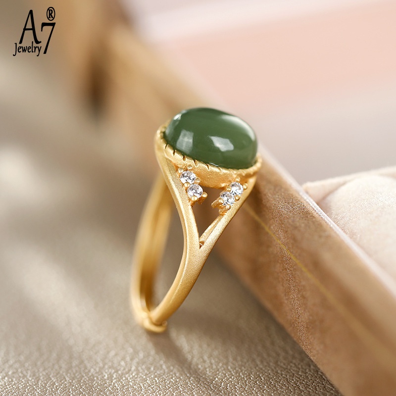 Nhẫn Mạ Bạc 925 Đính Đá Ngọc Bích Xám A7Jade