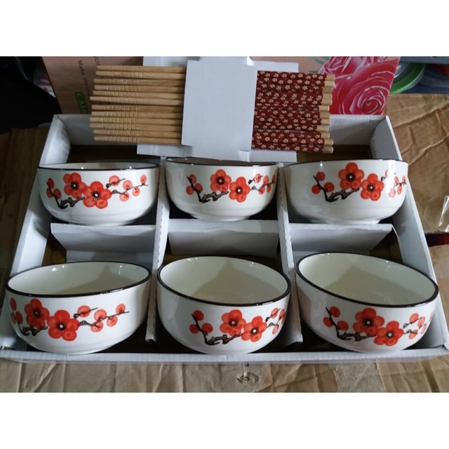 Bộ bát hoa anh đào xuất nhật kèm đũa
