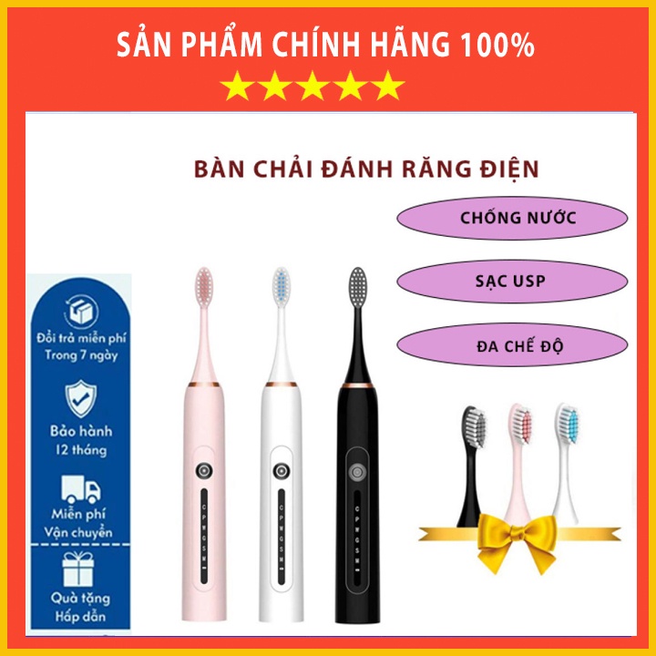 Bàn chải điện Sonic X7 Pro Thế Hệ Mới Tặng Kèm 3 Đầu Bàn Chải, Bàn chải đánh răng điện công nghệ châu Âu 6 chế độ run