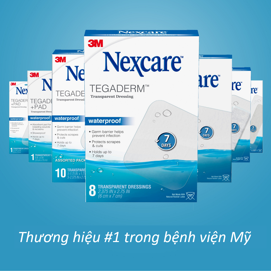 Miếng dán vết thương trong suốt Tegaderm Nexcare 3M H1624 6x7cm hộp 8 miếng - Keo dính cao cấp, chống thấm nước H1624