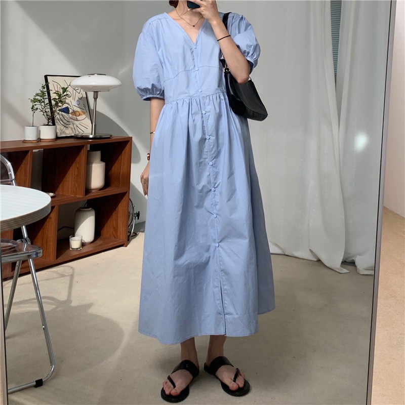 Đầm xanh sơ mi Maxi Thiết kế Cổ tim Ngắn tay Form rộng Phong cách Hàn Quốc Váy Sơ mi Midi dài Dáng chữ A Tay ngắn