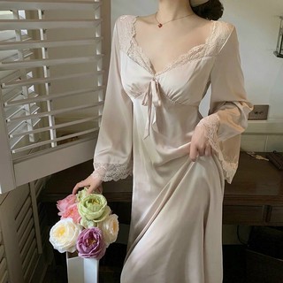 [Hàng Cao Cấp]Váy lụa ngủ dài tay dáng dài phối ren, đầm ngủ lụa cao cấp dài tay mềm mịn mặc thoáng nhẹ thanh lịch