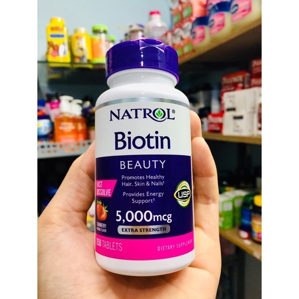 [Chỉ Bán Hàng Mỹ] Viên Ngậm Hỗ Trợ Mọc Tóc Natrol Biotin, Giảm Rụng Tóc và Mượt,Đep Da 5000mcg 250 Viên - Biotin 5000mcg