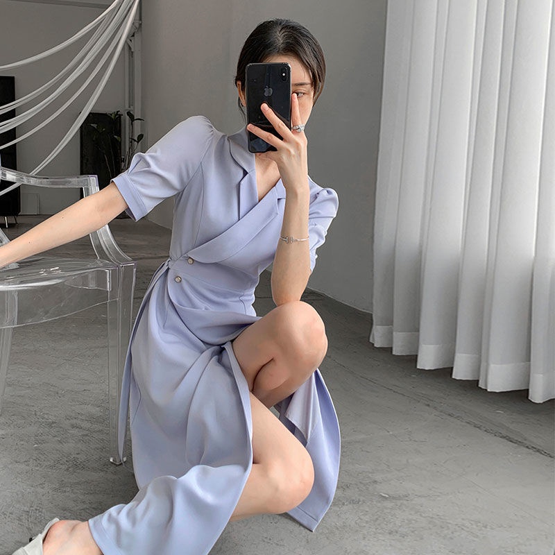 Đầm Dài Qua Gối Màu Tím Phong Cách Pháp Thời Trang Mùa Hè Hàng Mới 2022 Dành Cho Nữ