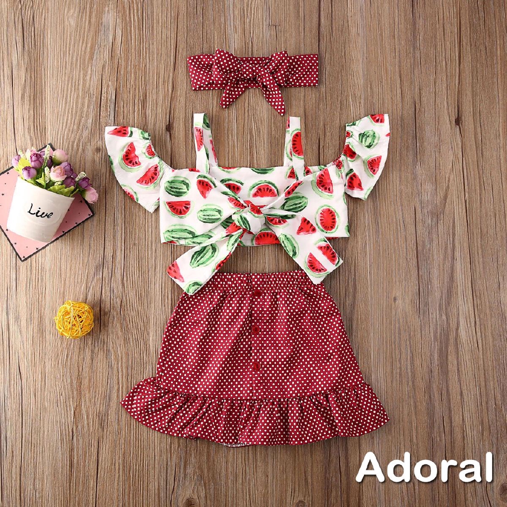 Bộ Áo Croptop Cổ Yếm In Họa Tiết Dưa Hấu + Chân Váy Mini Chấm Bi Thời Trang Mùa Hè Cho Bé Gái 6 Tháng - 5 Tuổi