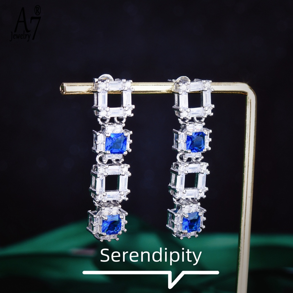 A7| Bông Tai Mạ Bạc 925 Dáng Dài Họa Tiết Hình Học Màu Xanh Dương / Trắng Thời Trang Sang Trọng X4Y59