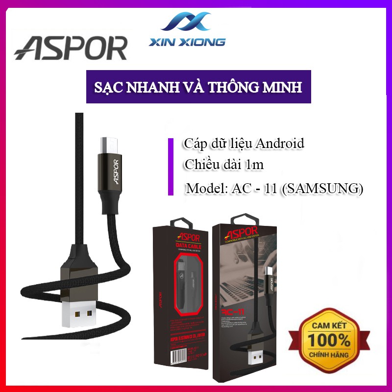 Cáp Sạc/ chuyển dữ liệu ANDROID CHÍNH HÃNG ASPOR 2,4A 1 mét