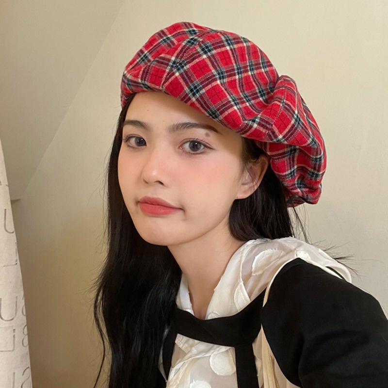 Mũ Beret Họa Tiết Sọc Caro Phong Cách Retro Hàn Quốc Cho Nữ