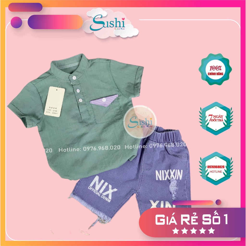 Set sơ mi đũi cho bé trai⚡️Free Ship⚡️Phong cách hàn Quốc - áo đũi mát + quần jean co giãn mềm mịn - Cam kết đẹp