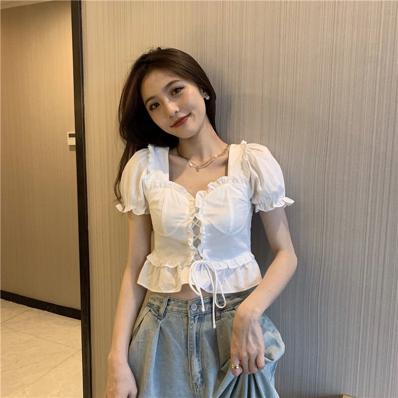 Áo Kiểu Tay Phồng Ngắn Cổ Vuông Dáng Ôm Thời Trang Mùa Hè Xinh Xắn Cho Nữ