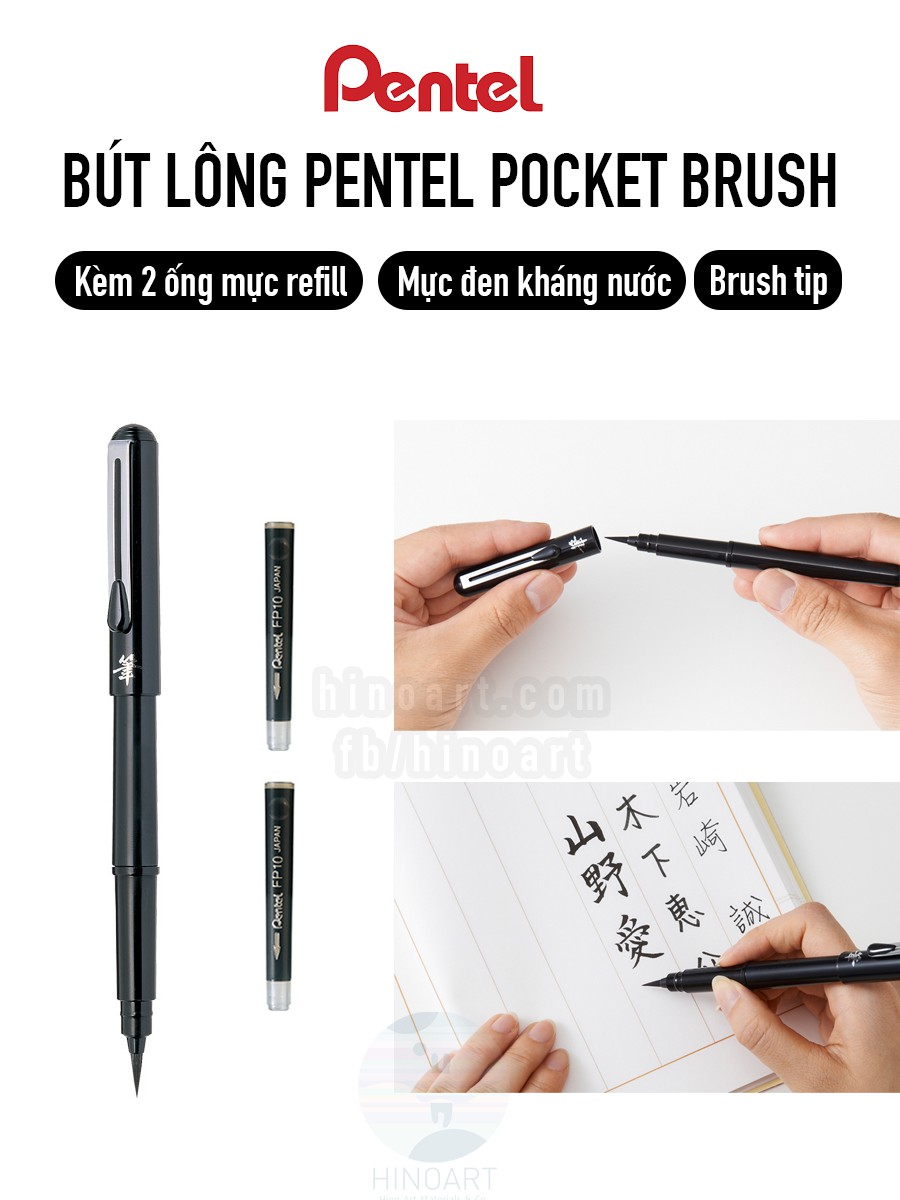 Bút lông mực đen kháng nước kèm ống mực refill Pentel Pocket Brush Medium/ Hộp mực refill 4 ống