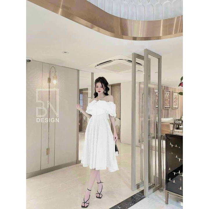 (Ưu Đãi FreeShip) Đầm Tiểu Thư Đi Tiệc,Đầm Nữ Dáng Xòe Thiết Kế Trễ Vai Xếp li Đính Ngọc,Chất Umi Cao Cấp Có Mút