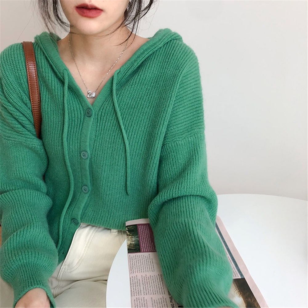 Áo cardigan dệt kim tay dài màu trơn có mũ trùm phối dây rút thời trang dự tiệc cho nữ | BigBuy360 - bigbuy360.vn