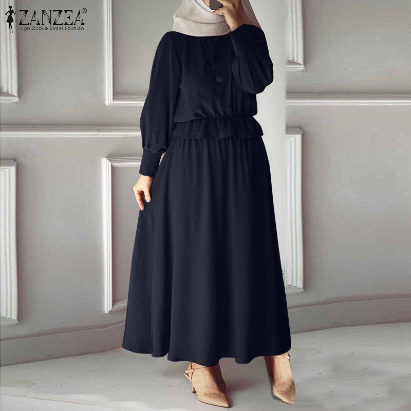 Zanzea Đầm Tay Dài Eo Co Giãn Màu Trơn Thời Trang Cho Phụ Nữ Hồi Giáo
