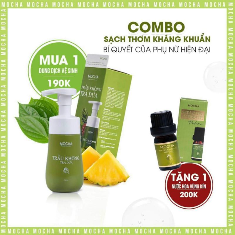 Dung dịch vệ sinh trầu không + trà dứa mocha ( mua 1dung dịch tặng 1 nước hoa)