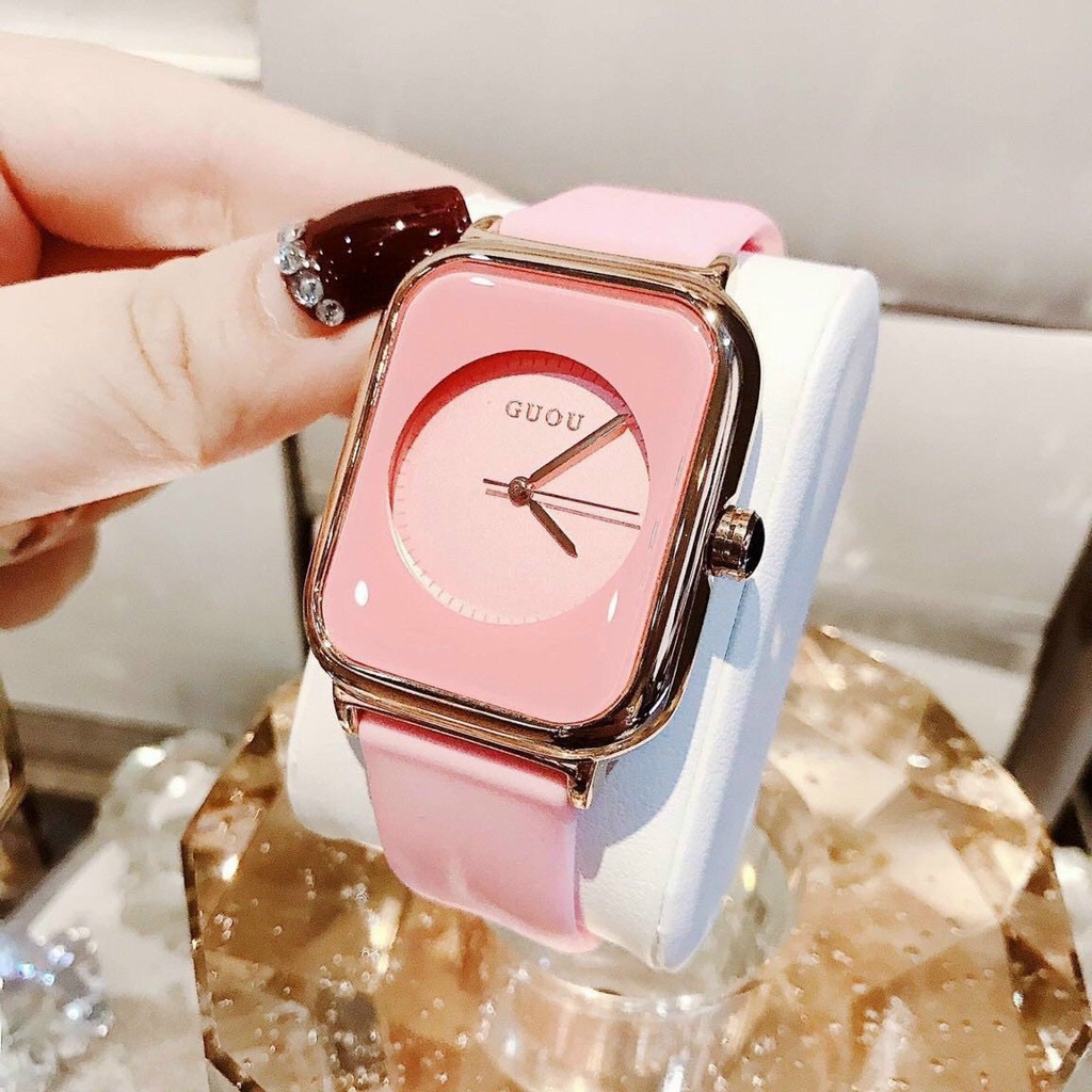 Đồng hồ nữ guou quai silicol mặt chữ nhật siêu hot 2021 bản dây aple