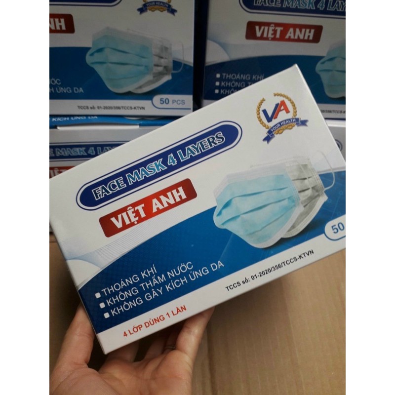 Chính hãng Hộp 50c Khẩu trang y tế 4 lớp Việt Anh loại dày dặn