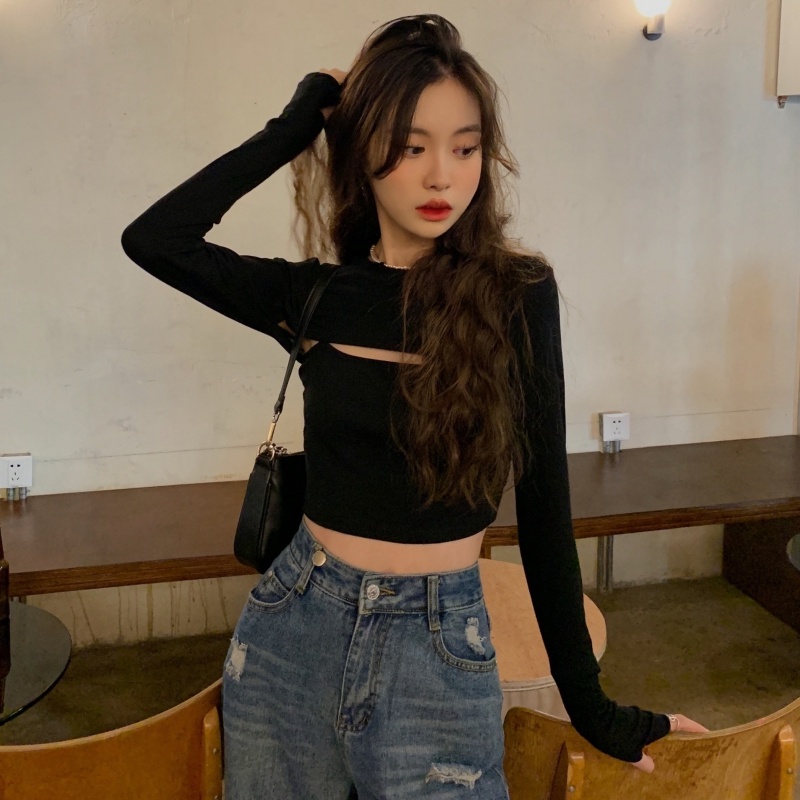 ZHELIHANGFEI Set Áo Thun Tay Dài Hở Eo + Quần Dài Lưng Cao Thời Trang Nữ