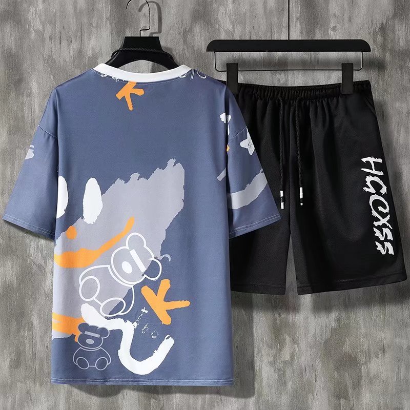 Round Neck Short Sleeve T-shirt Set + Men's Fashion Shorts Summer Suit Korean Cartoon Print Design Casual