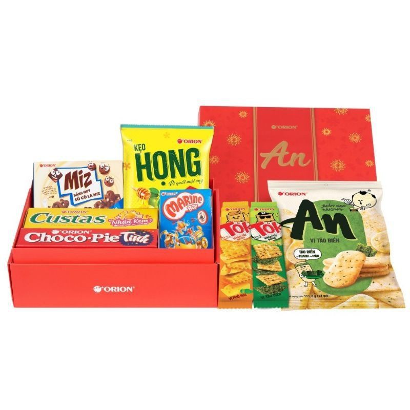 Hộp quà An nhỏ Orion hộp quà tết quà biếu chocopie custard bánh gạo marine boy kẹo họng snack rong biển phô mai