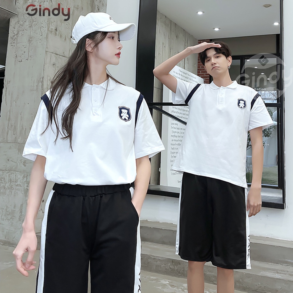 Áo polo form rộng tay lỡ GINDY phông cổ bẻ thêu họa tiết gấu unisex, vải cotton thoáng mát form basic A020