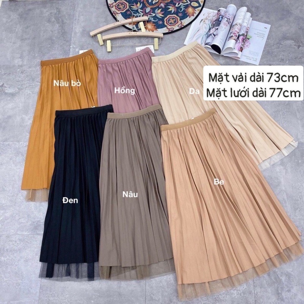 Chân Váy Xếp Ly Dài Mặc Được 2 Mặt  Dáng Xòe Tiểu Thư 2 Lớp Cv038