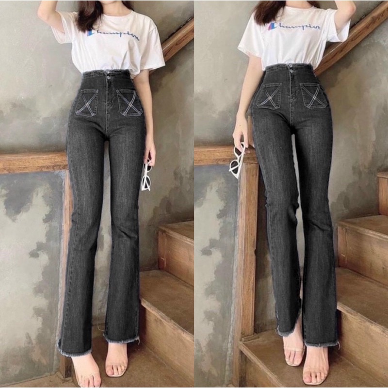 Quần Jean Nữ Aiori Ống Loe Lưng Cao Màu Xám Lai Tua Túi Chéo Kiểu Quần Bò Bass Trơn Dáng Dài Vải Co Giãn Cao Cấp