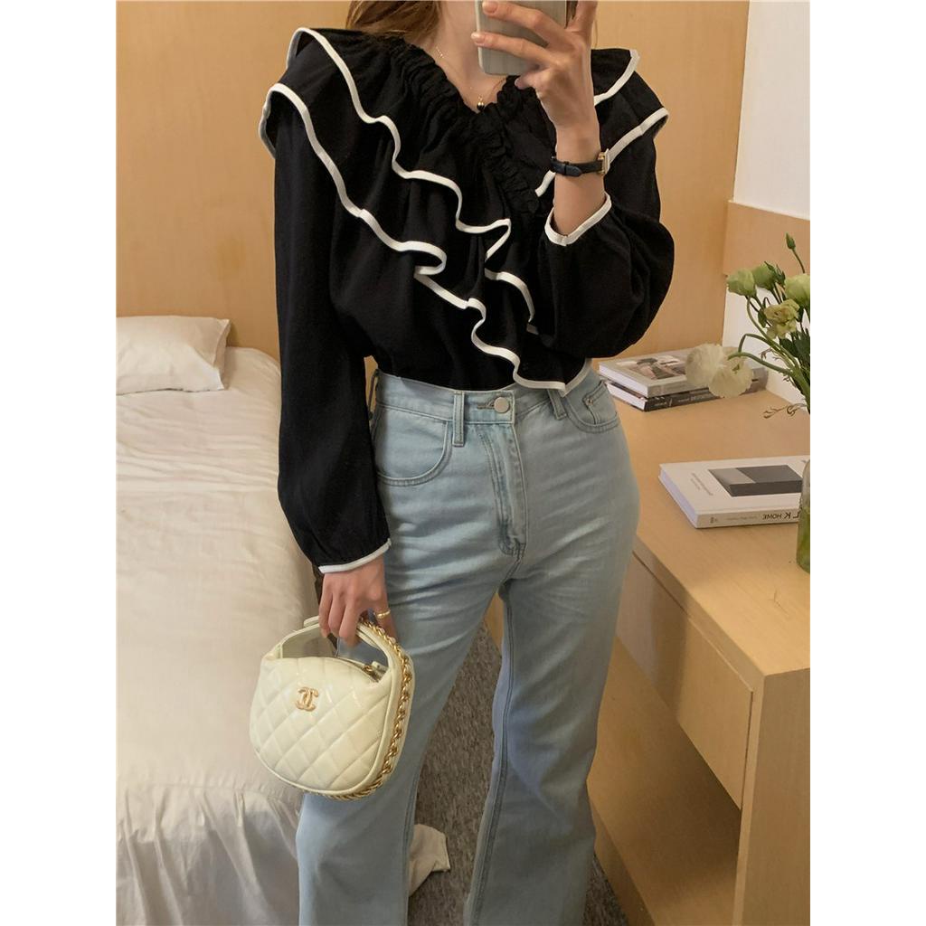 Áo Sơ Mi Cổ V Dài Tay Phối Bèo Nhún Màu Sắc Tương Phản Ngọt Ngào 629