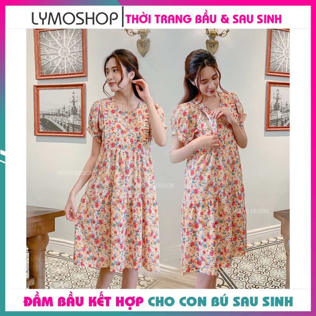 Đầm bầu kết hợp cho con bú sau sinh dáng babydoll ba tầng hoa nhí bèo ngực MOLYS VM6644 cúc điều chỉnh mặc hết thai kỳ