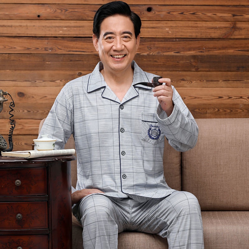 Đồ ngủ tay dài bằng cotton màu trơn phong cách thu đông cho nam trung niên