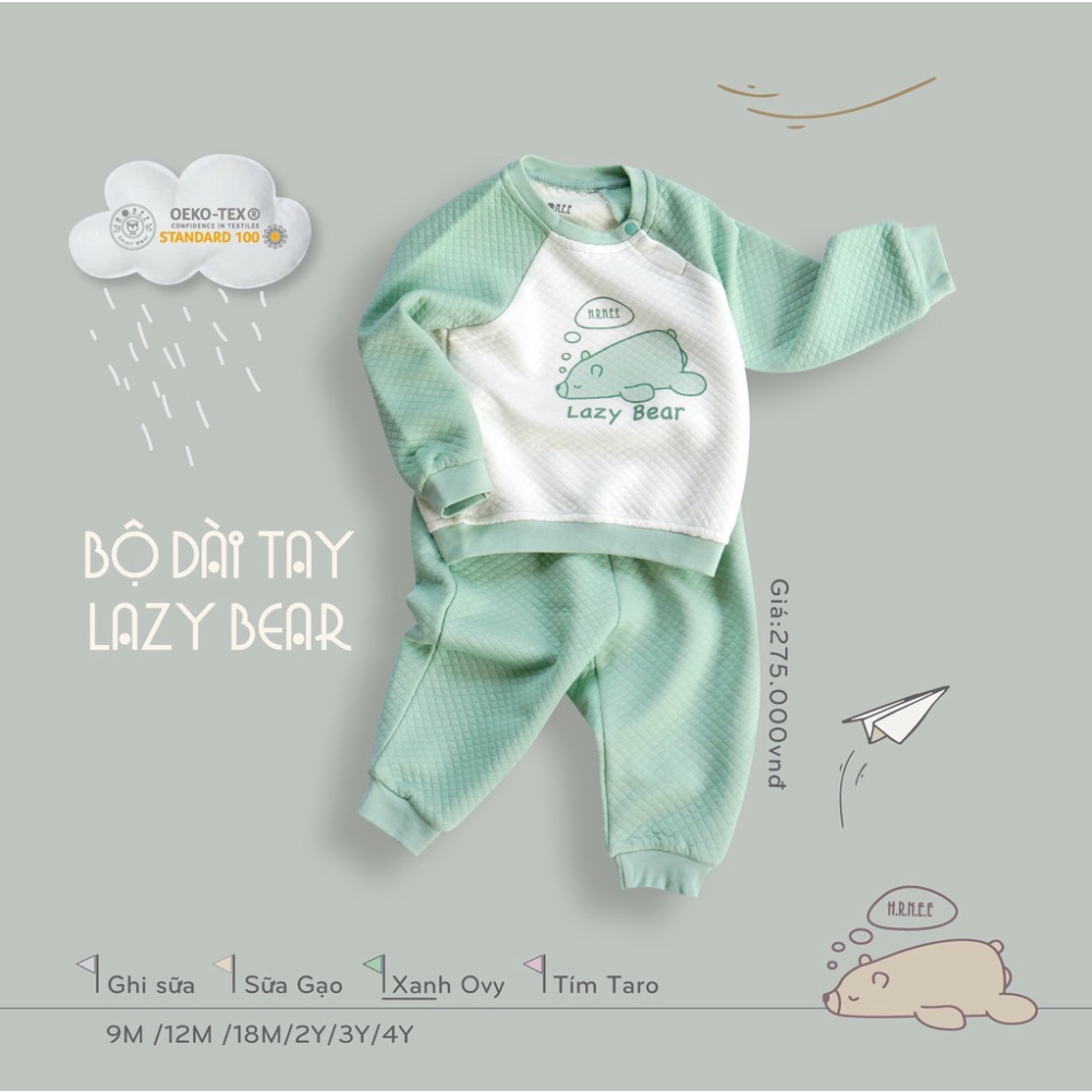 Bộ nỉ bé trai, bé gái HRNEE chất liệu trần bông ấm áp - BST LAZY BEAR