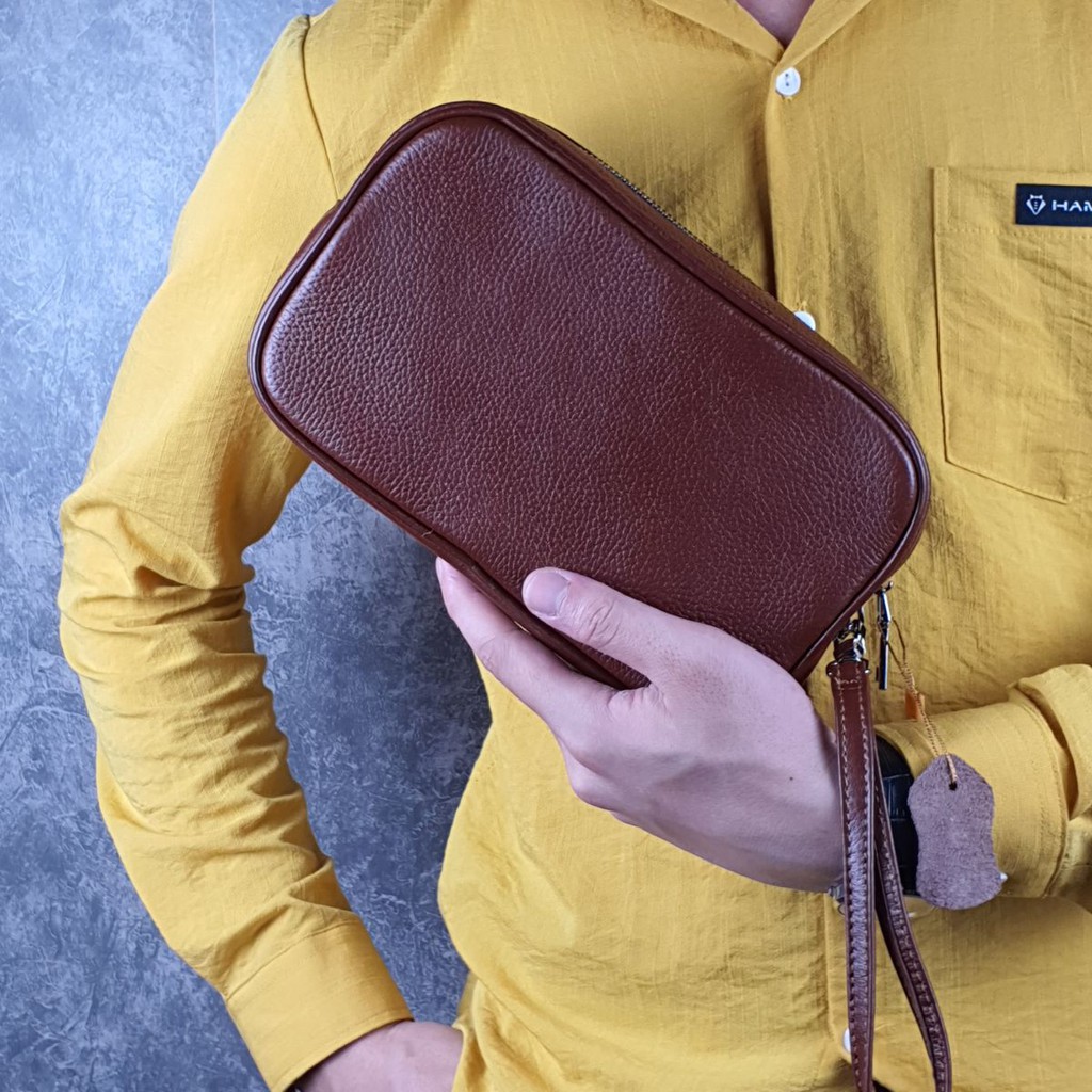 Ví cầm tay nam da bò thật/ Túi hộp da thật CL133VB (Đen/Nâu) - 100% da bò thật, bảo hành 3 năm | BigBuy360 - bigbuy360.vn