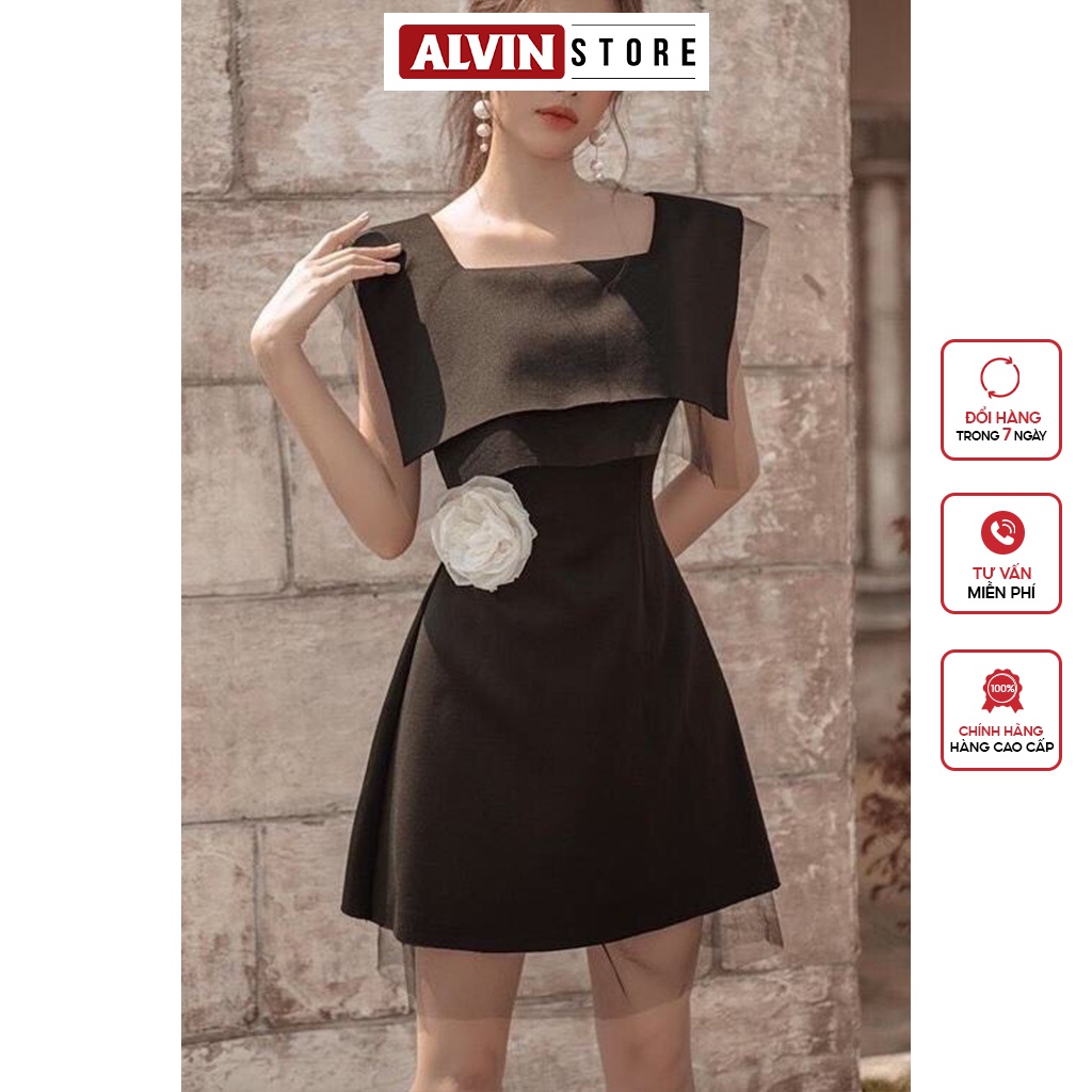 Đầm Xòe Kiểu Cổ Vuông Bèo Phối Lưới Tặng Kèm Hoa Eo Alvin Store 2671