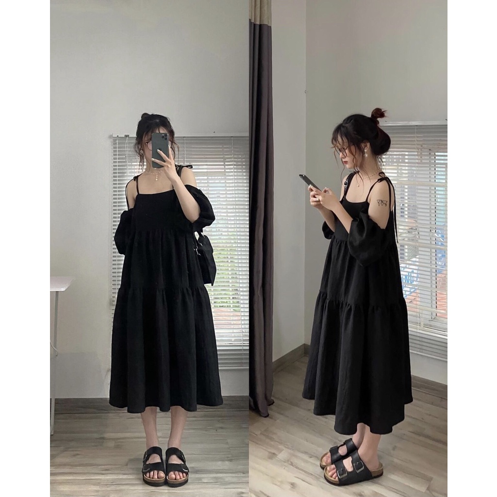 [Sẵn] Đầm - Váy 2 dây babydoll  3 tầng chất đũi xốp (tặng kèm tay rời mặc nhiều kiểu)