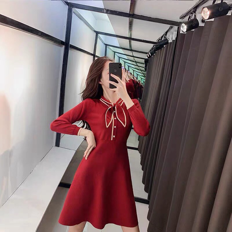 VÁY XÒE THẮT NƠ CỔ CHÍT EO tôn dáng siêu đẹp