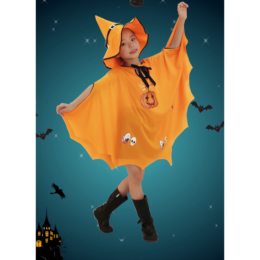 Set áo choàng mũ phù thủy cánh dơi hóa trang Halloween bé trai gái