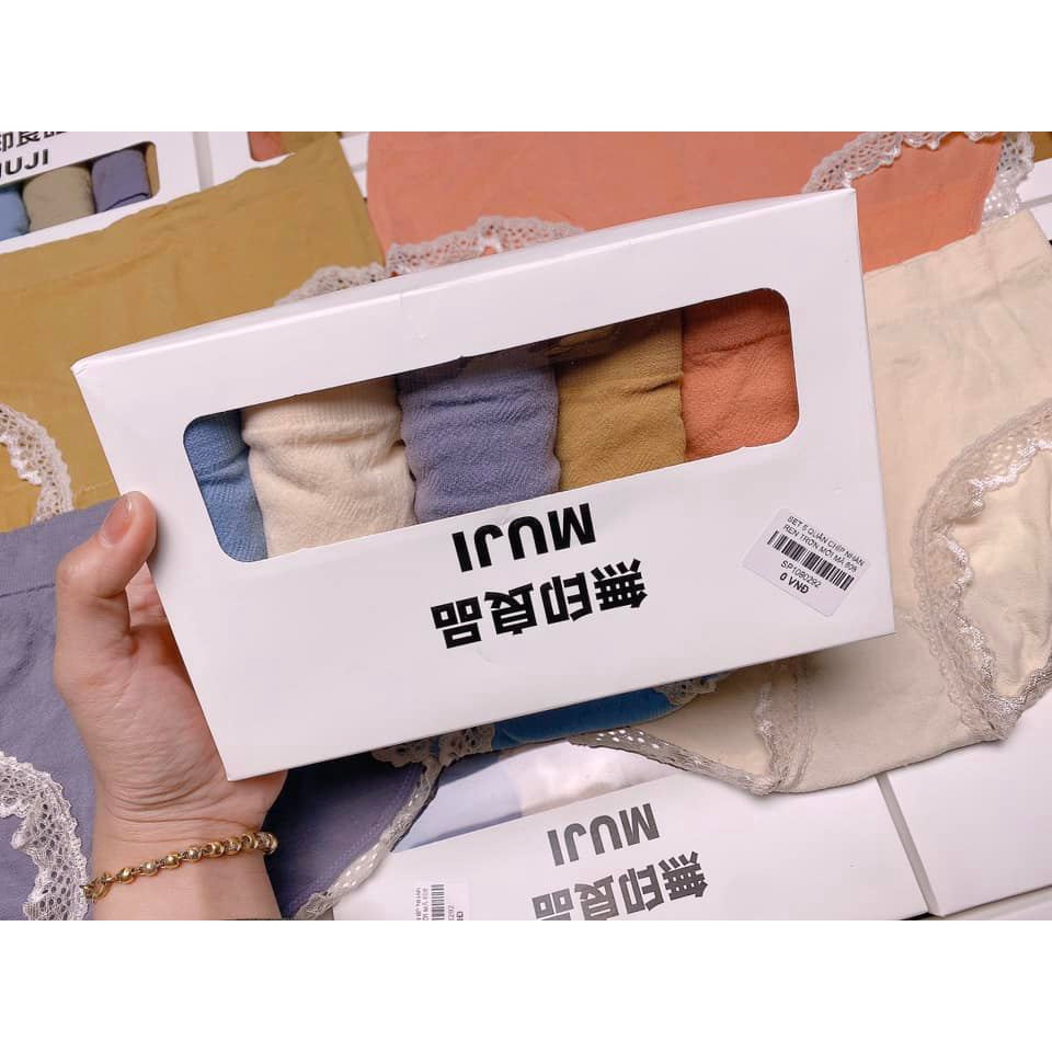 Quần lót nữ Set 5 quần chip muji nhăn ren cotton sợi tre mềm mịn kháng khuẩn full hộp