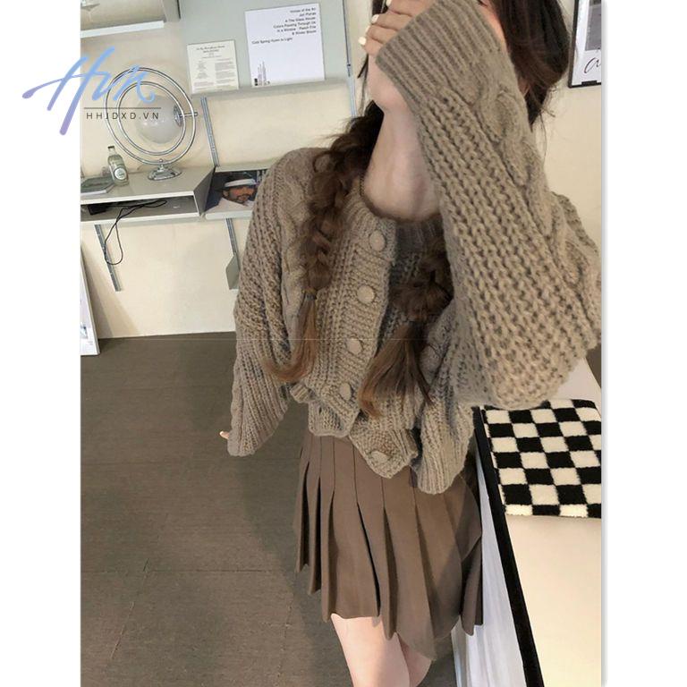 Áo Khoác Cardigan Dệt Kim Cổ Tròn Kèm Chân Váy Xếp Ly Thời Trang Cho Nữ