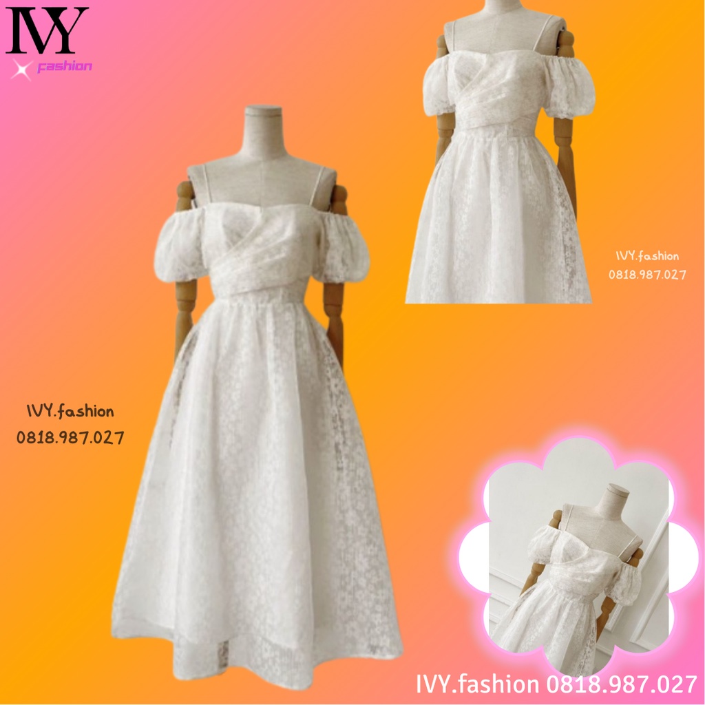Đầm váy trễ vai 🌸ren hoa mai🌸 2 dây tay phồng cúp ngực trắng midi xoè dài đi biển dự tiệc cưới maxi bigsize đẹp