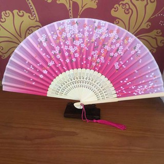 Quạt cổ trang, quạt lụa xếp Anh đào (21cm)