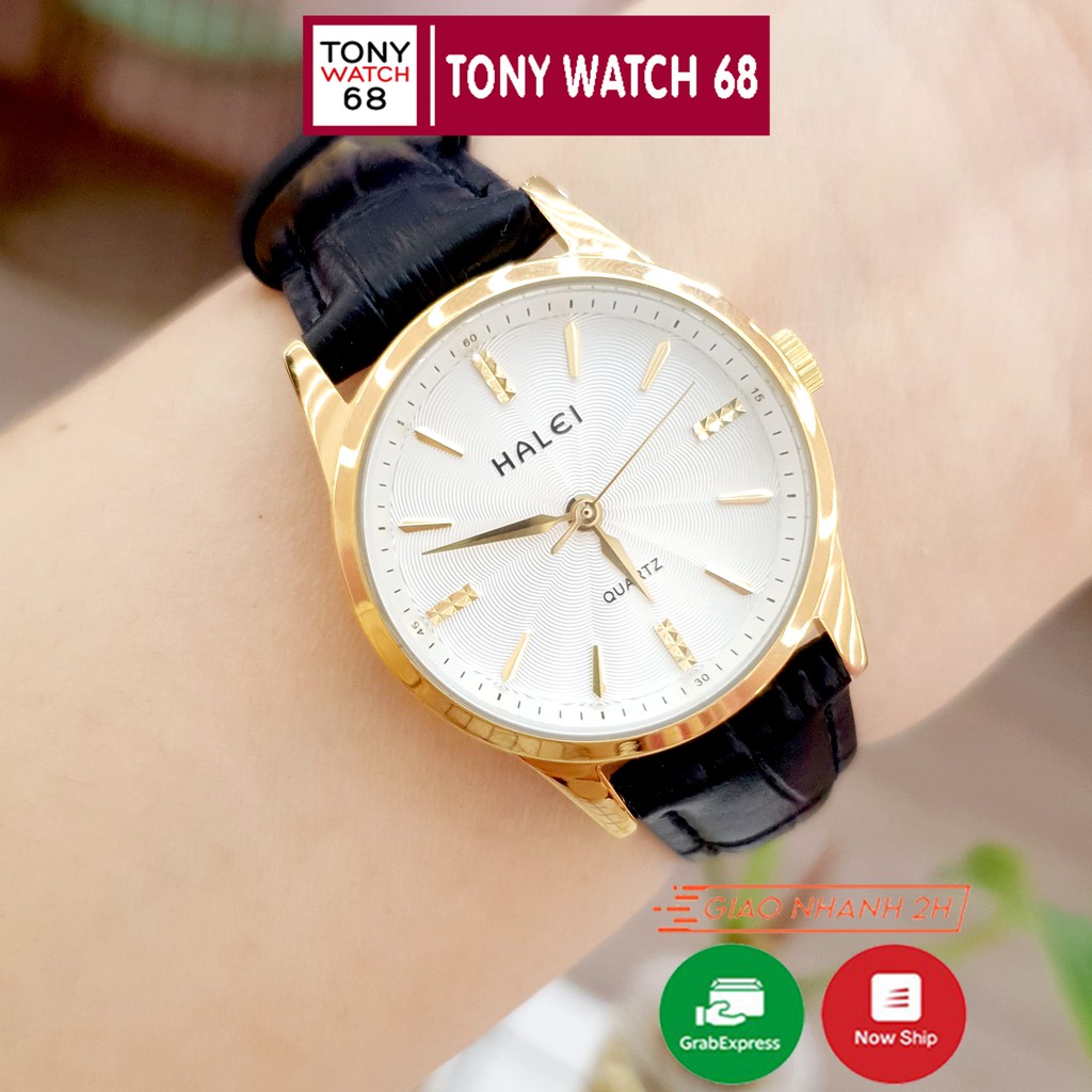 Đồng hồ cặp đôi nam nữ Halei viền vàng dây da siêu mỏng Tony Watch 68