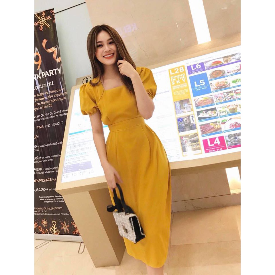 Váy Cổ Vuông Hai Màu Thắt Eo