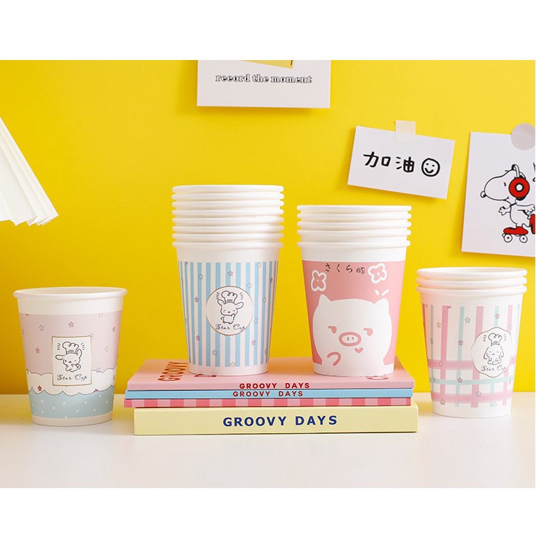 Set 10 cốc giấy , ly đựng nước họa tiết hoạt hình dễ thương dùng cho nước nóng và lạnh