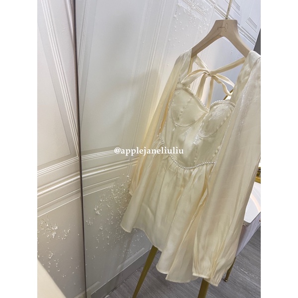 Jane Đầm dự tiệc xòe tay dài kết trân châu trắng nhỏ xinh tôn dáng