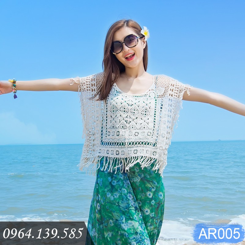 Áo ren nữ đi biển đẹp, áo lưới cánh dơi tua rua thời trang, mặc ngoài bikini, maxi, croptop... chất ren đẹp | AR005