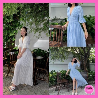 Váy maxi trắng cổ V thiết kế sang chảnh Đầm maxi xẻ tà dự tiệc du lịch HN Clothing V55