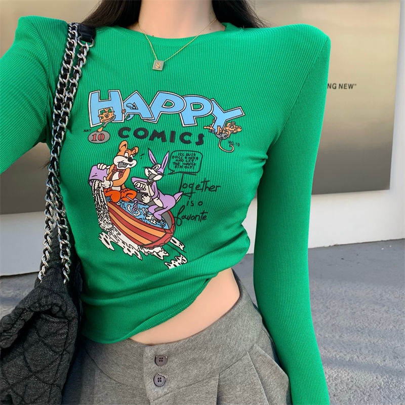 Jiashucheng Áo Thun Ngắn Mỏng Dáng Ôm In Họa Tiết Phong Cách Phương Tây Thời Trang Thu Đông Dễ Phối Đồ Dành Cho Bạn Nữ @ -