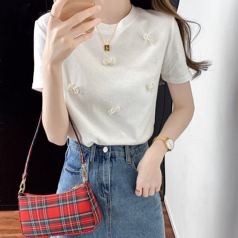Áo thun nữ BH tay ngắn cổ tròn đính hạt cườm phong cách Hàn Quốc